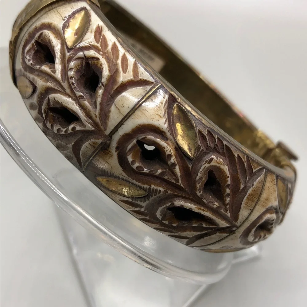 Carved bone hinge bangle bracelet vintage handmade India boho rustic statement.